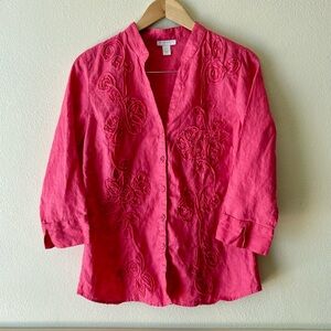 Charter Club‎ linen pink embroidered button down 3/4 sleeves